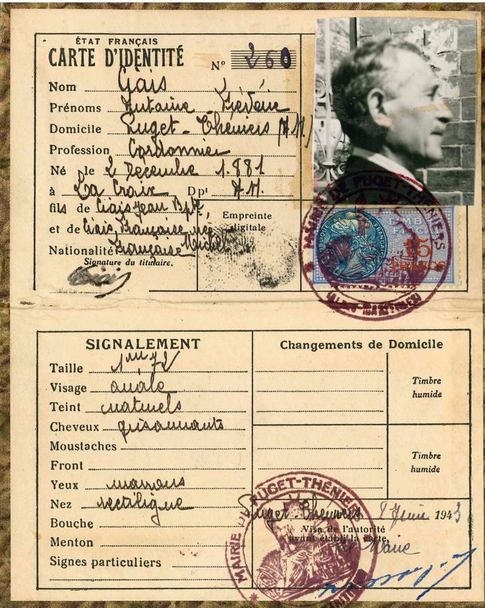 Carte d'Identité Ciais Antoine, profession cordonnier né le 2 décembre 1881 à La Croix, établie le 8 juin 1943.