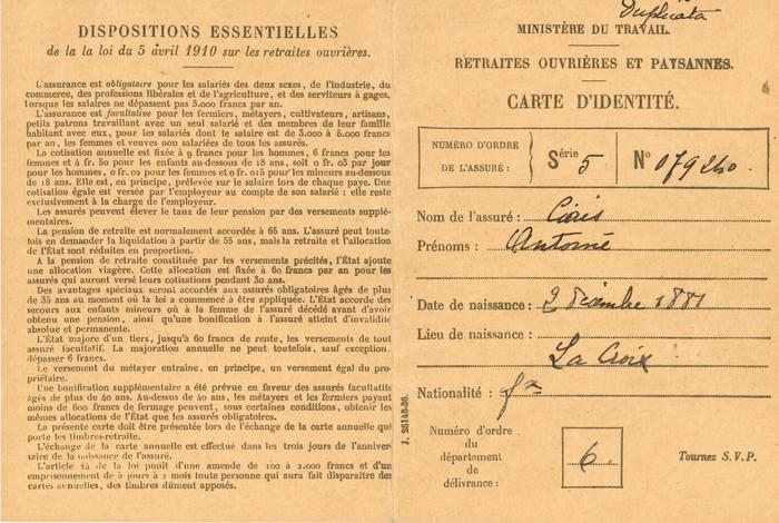 Carte d'identité - retraites ouvrières et paysannes [adressée à Ciais, Antoine 01/12/1942] (recto)