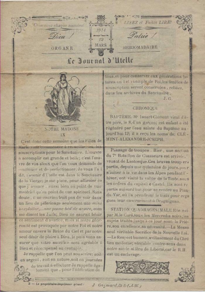 Le journal d'Utelle n°11, 12 Mars 1914