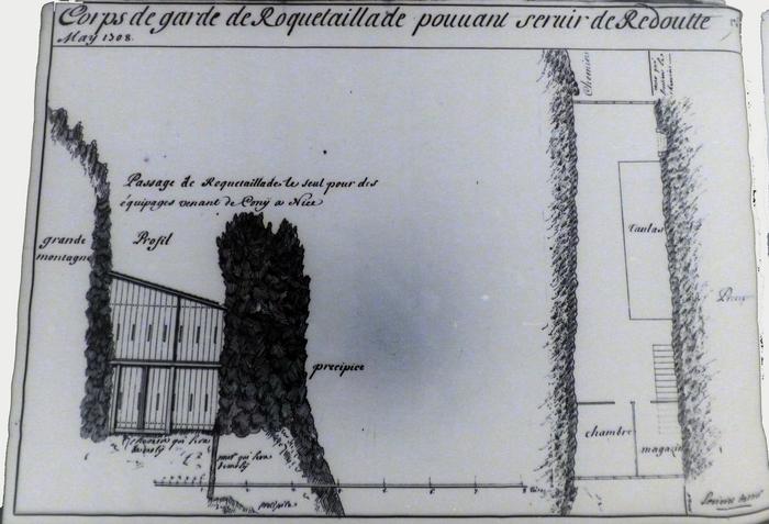 Corps de garde de Roquetaillade, dessin de Lozières d'Astier, 1708. Fonds SHD.